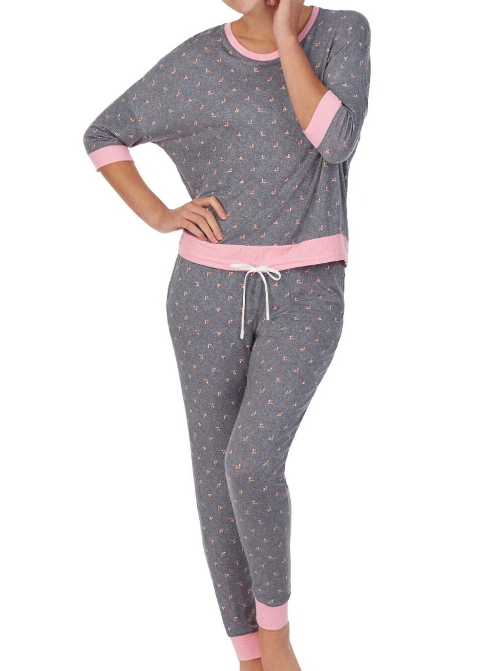 Room Service 2 PC Floral Jersey Pajamas Top & Joggers Loungewear Gray Size XL